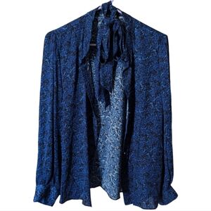 Womens XL Black Blue Long-Sleeve Button-Up Blouse Dress Shirt w/ Neck Tie